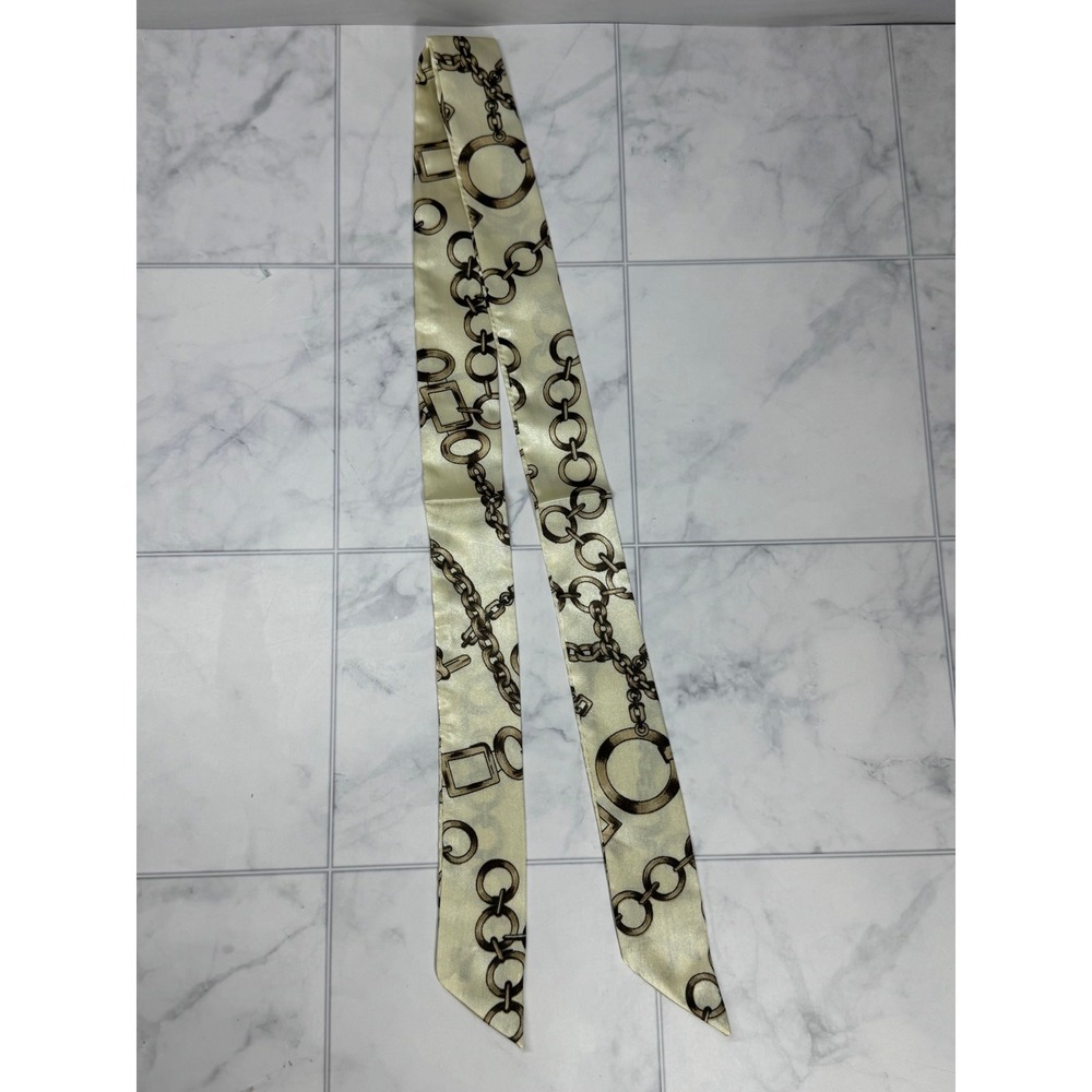 Womens Cream Gold Chain Link Skinny Purse Scarf Satin Hair Ribbon Handbag Wrap